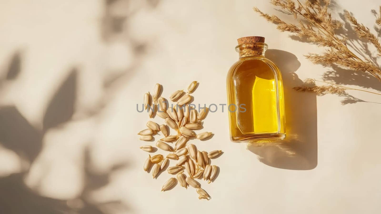 Sunflower oil extract in small bottle on wooden table, Generative AI, food