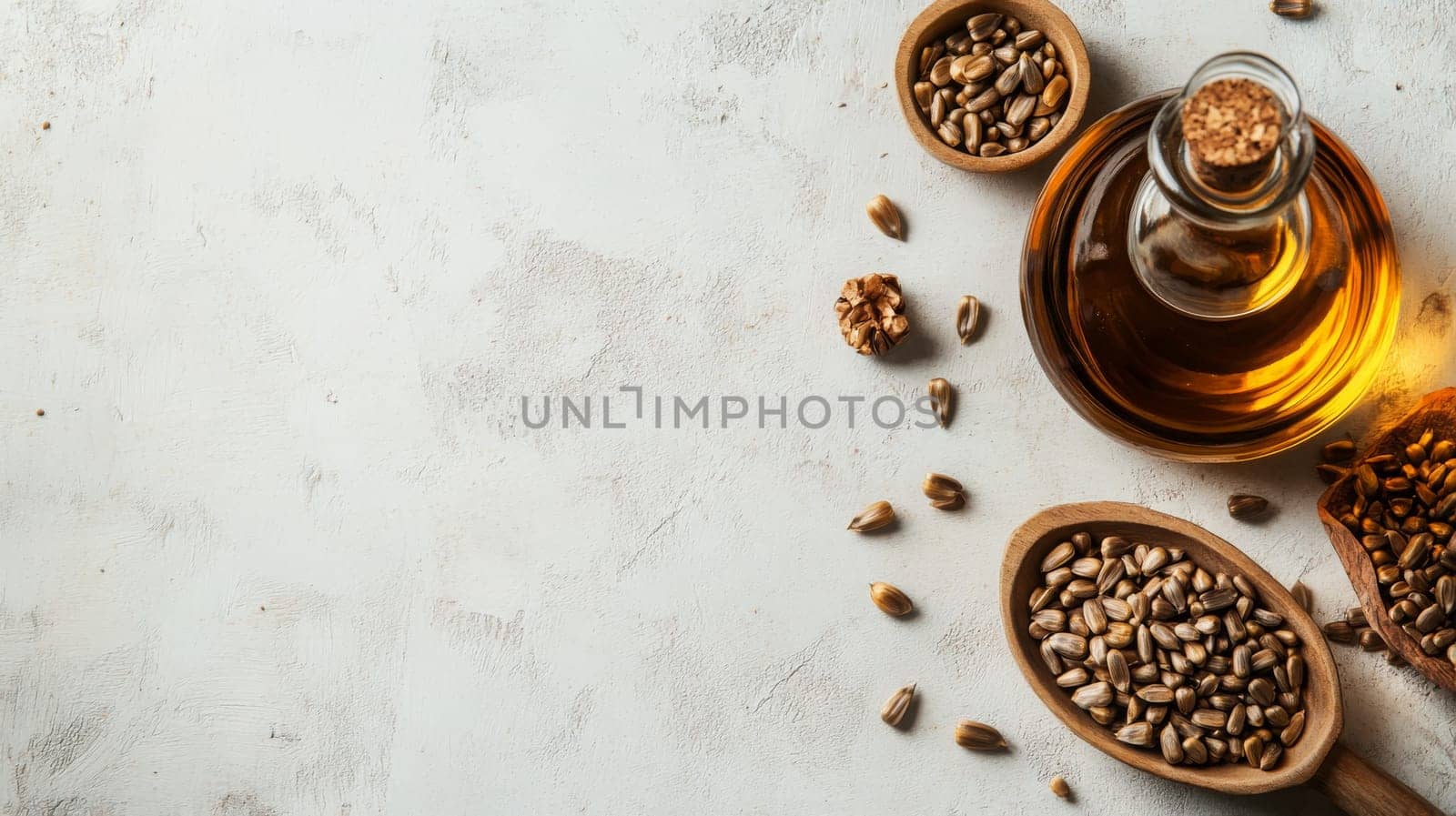 Sunflower oil extract in small bottle on wooden table, Generative AI, food