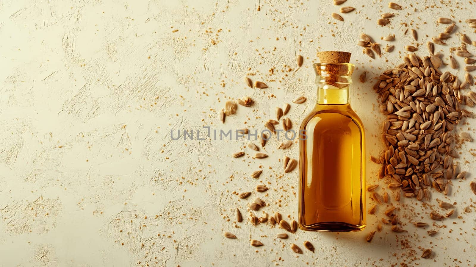 Sunflower oil extract in small bottle on wooden table, Generative AI, food