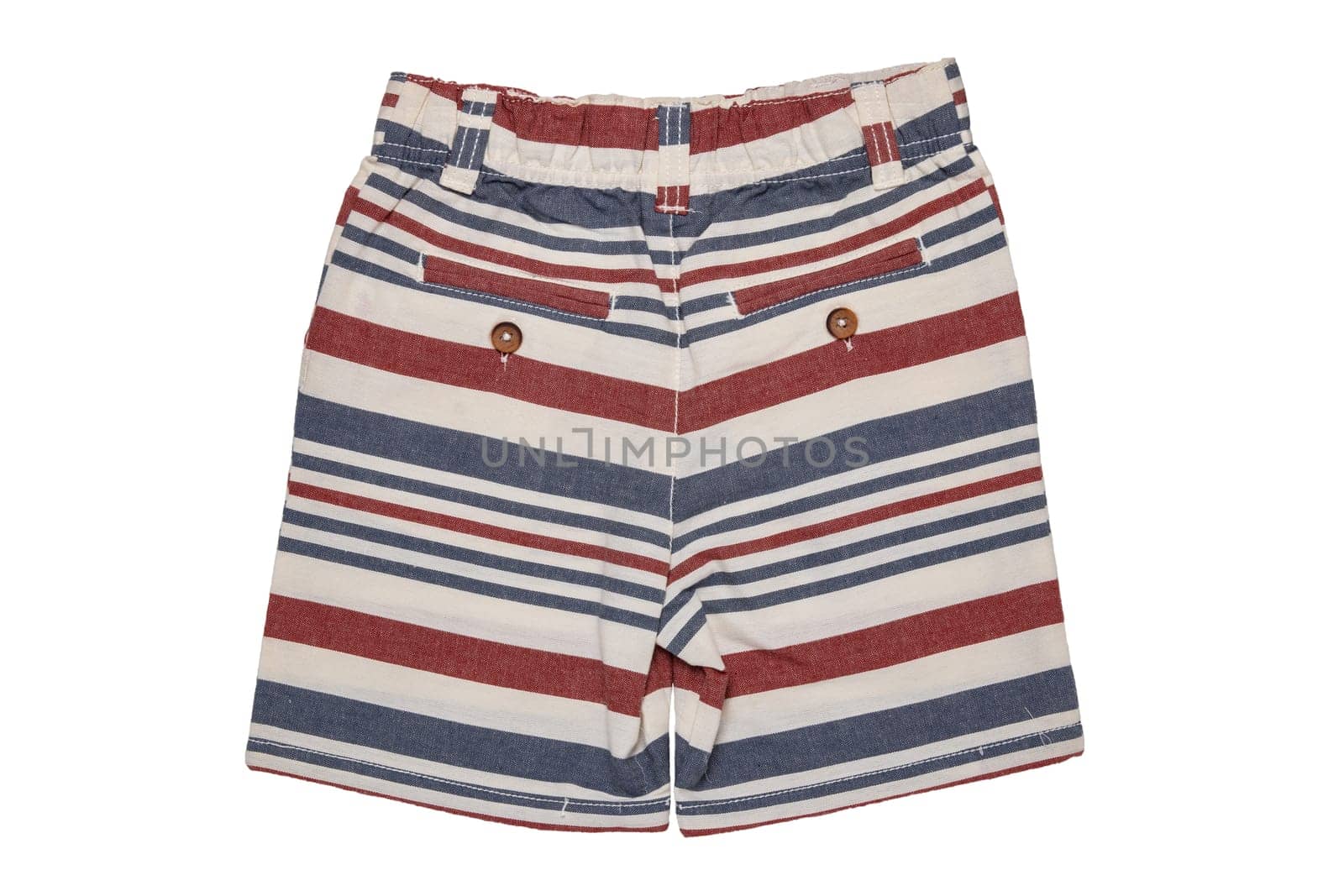 Short pants isolated. A short stylish striped summer jean pants isolated on a white background. Summer fashion for boys. Back view.