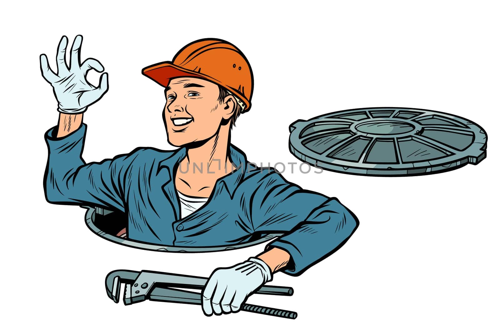 gesture ok okay. Plumber in the manhole. Pop art retro vector illustration kitsch vintage