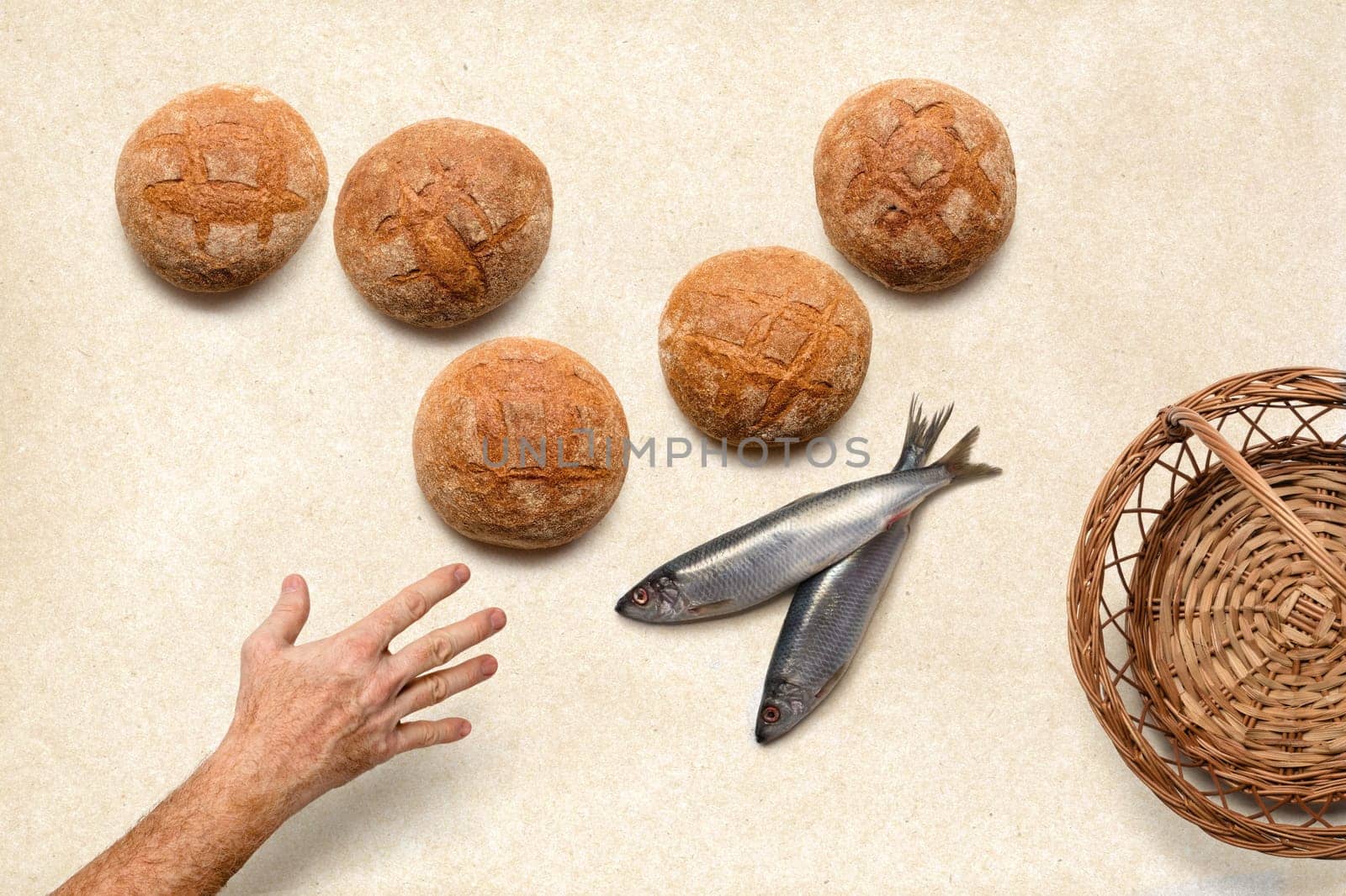 Hand stretched out after five 5 barks and two 2 fish removed from a wicker basket