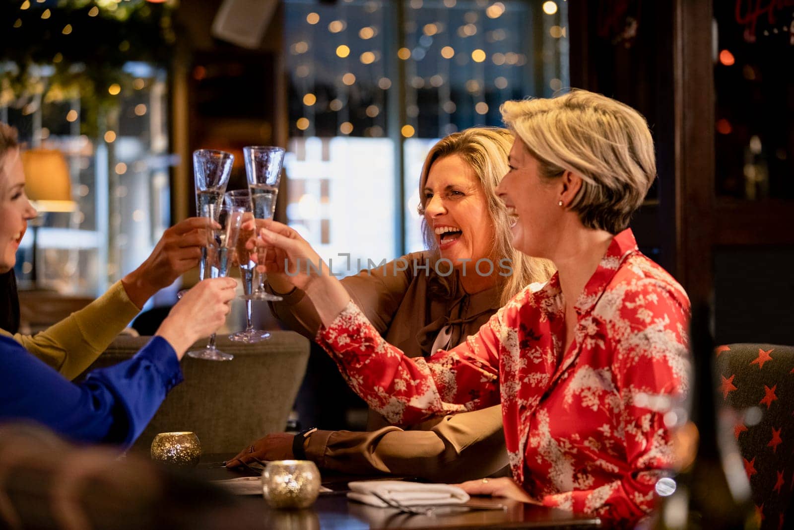 Small group of mature female friends making a celebratory toast while sitting around a table in a restaurant.