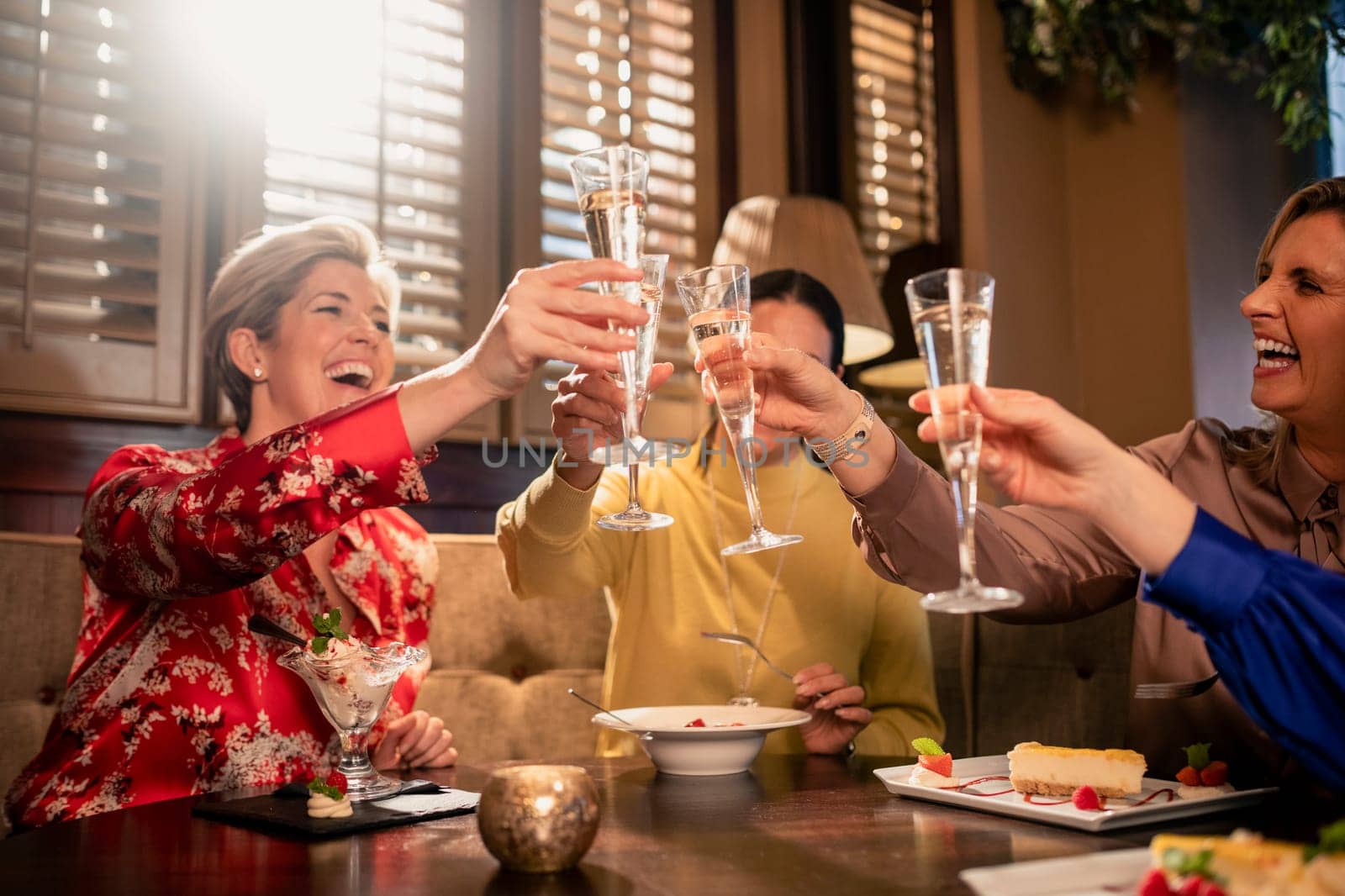 Small group of mature female friends making a celebratory toast while sitting around a table in a restaurant.