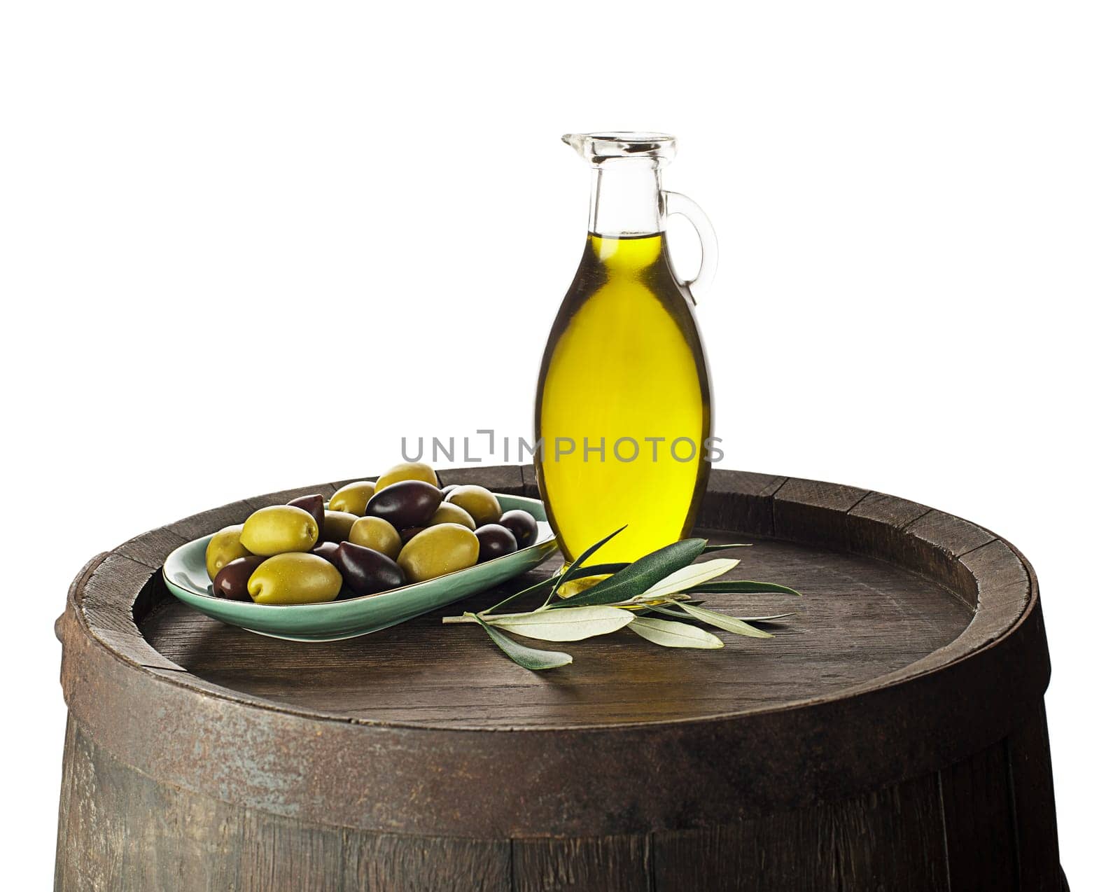 Bottle of Extra virgin healthy Olive oil with barrel on white background