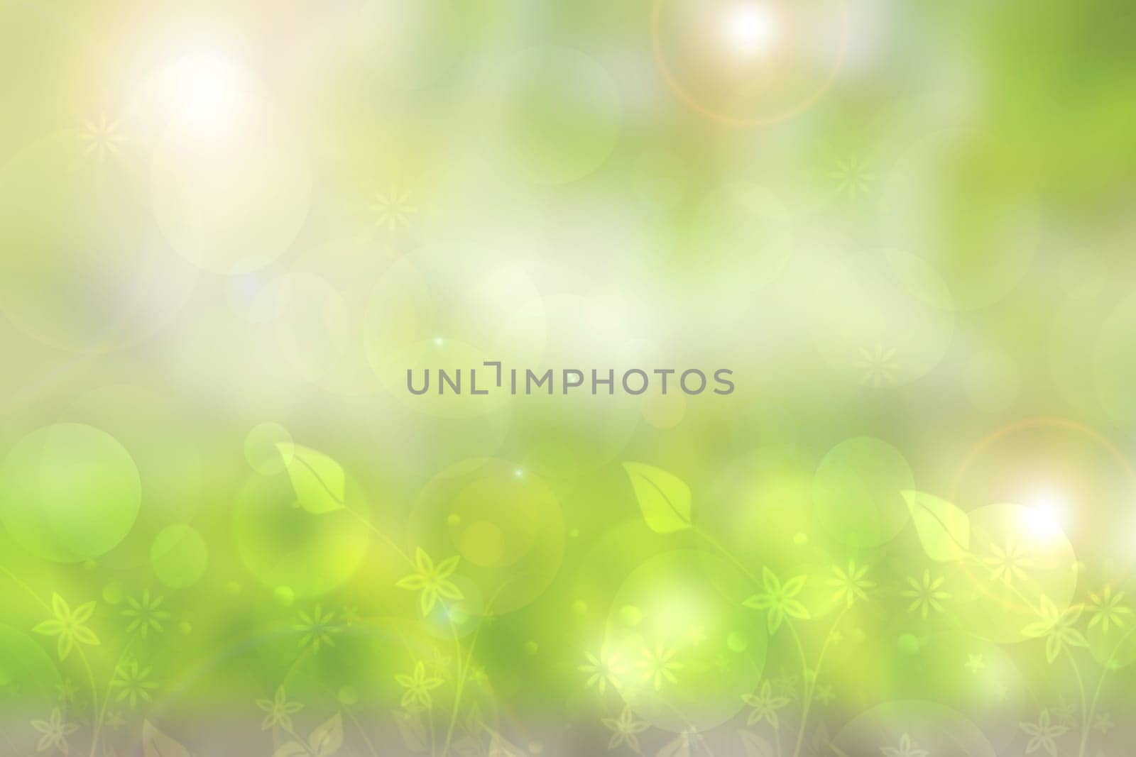 Abstract natural spring light green background texture with leaves and bokeh circles. Space.