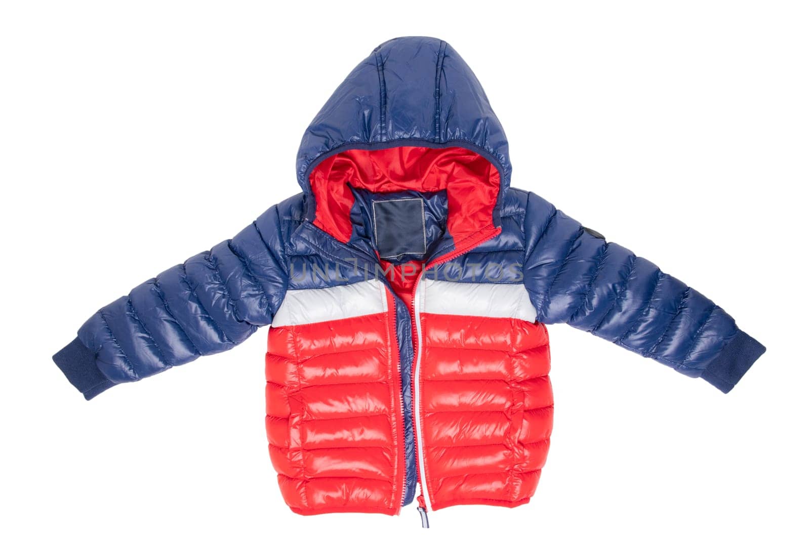 Winter jacket isolated. A stylish blue and red warm down jacket with red lining for the kids is isolated on a white background. Childrens wear with hood for spring and autumn.