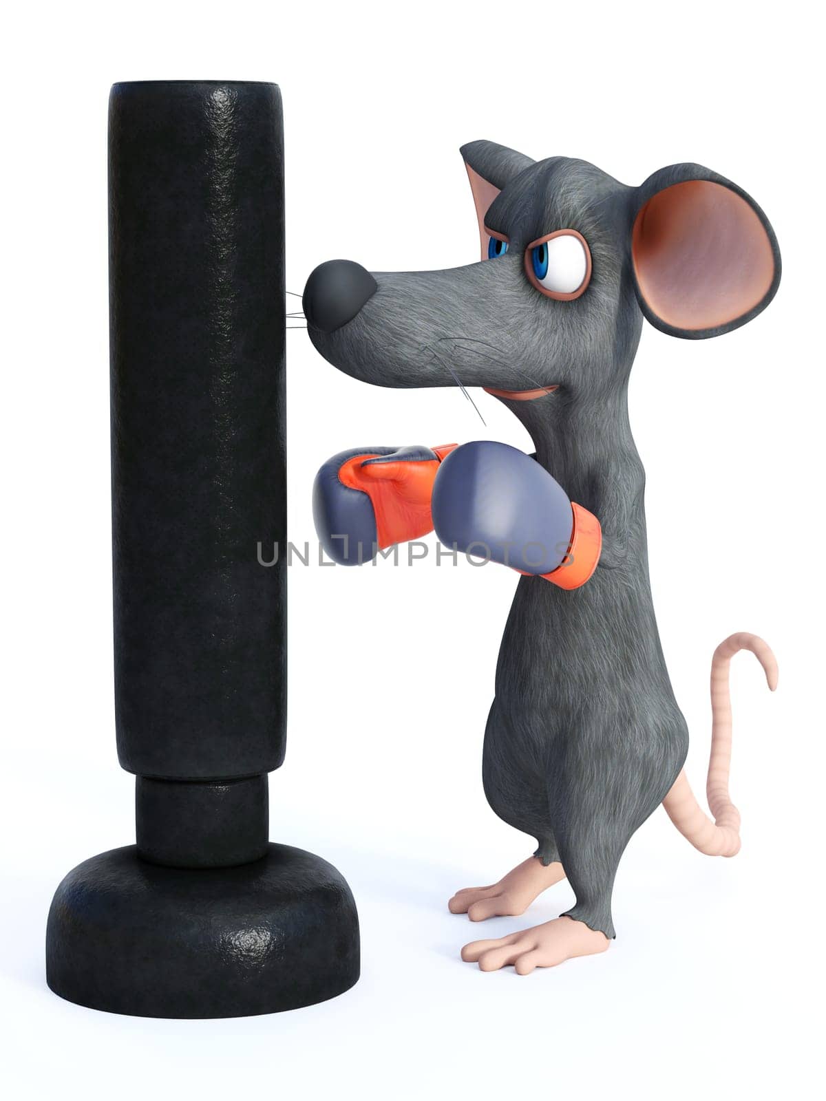 3D rendering of a cute cartoon mouse wearing boxing gloves and punching a heavy bag. White background.