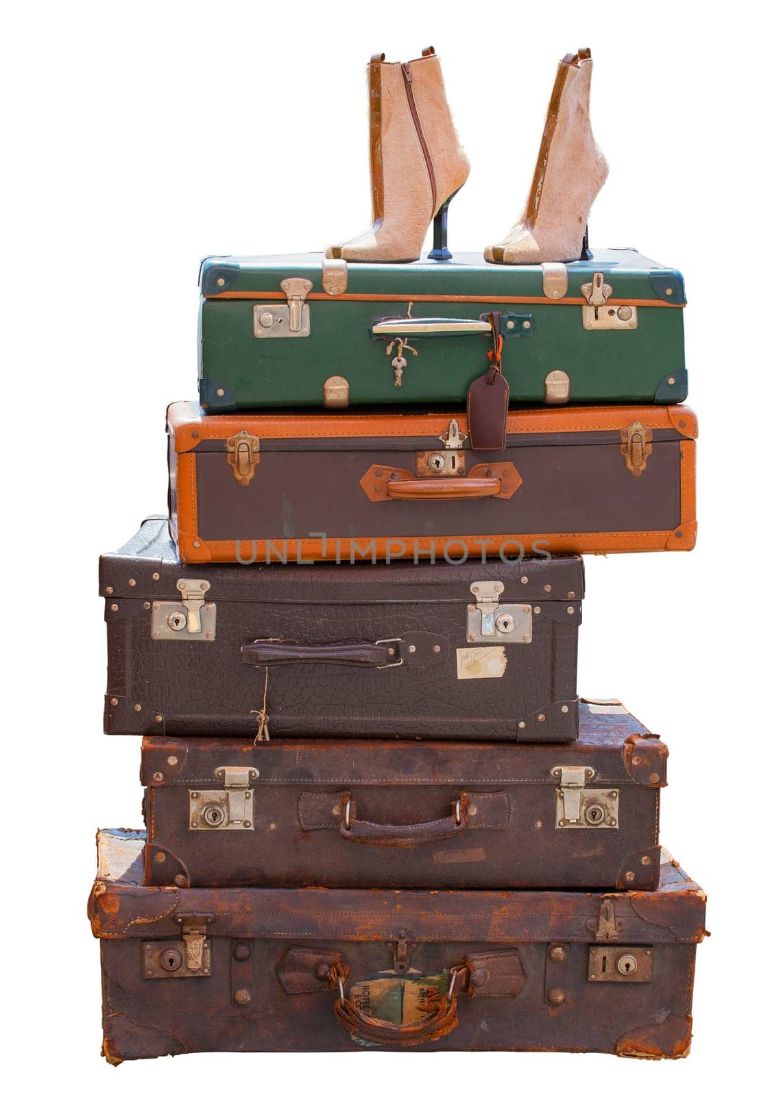 View of old luggage isolated on white background