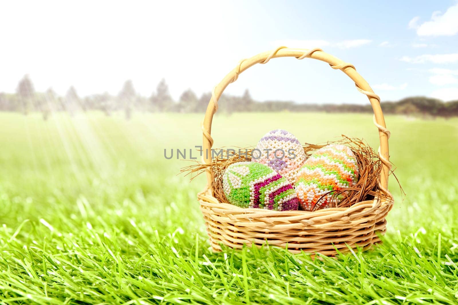 Colorful easter eggs on the nest in wooden basket on the grass field with trees and blue sky background. Happy Easter