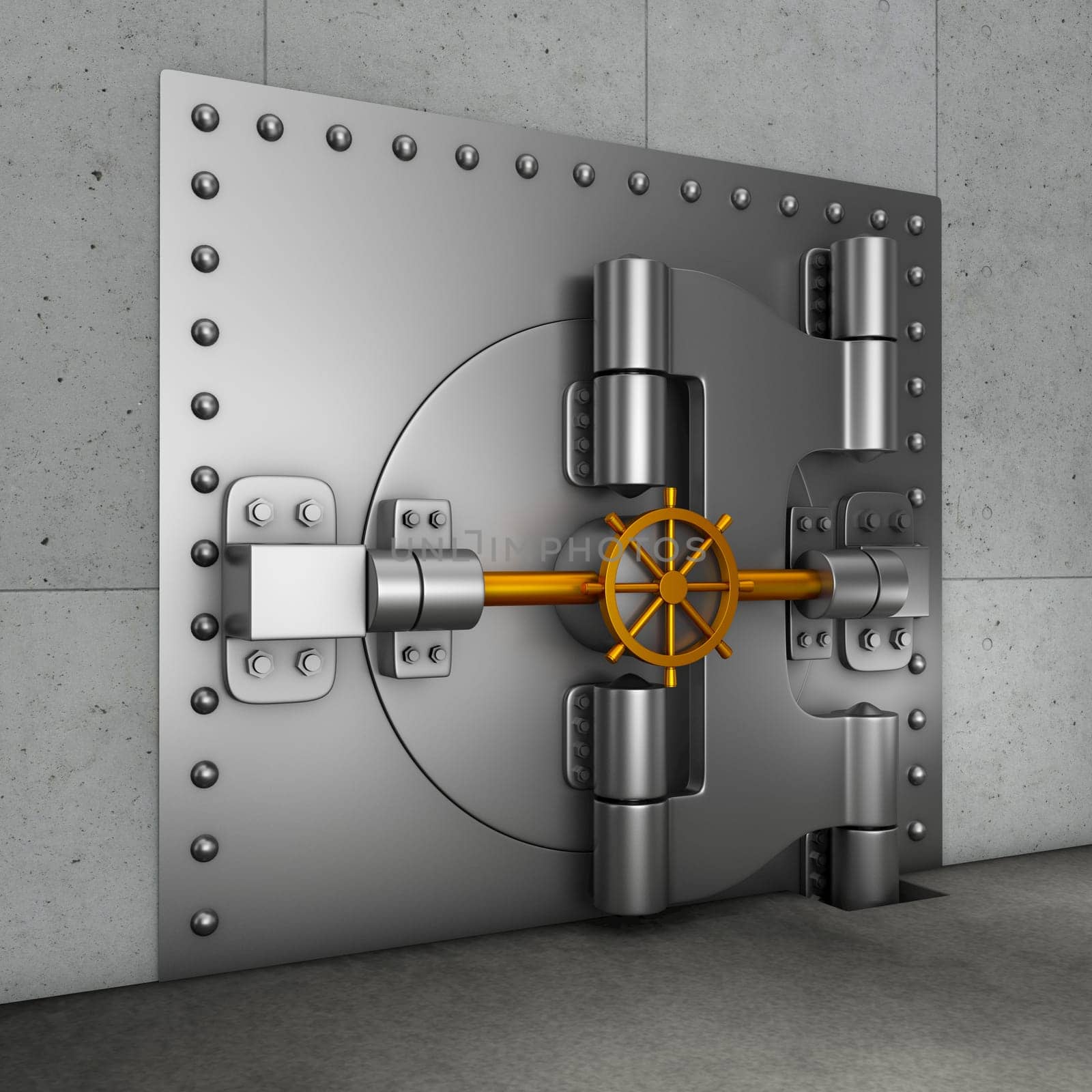 Huge armored door in the banking gold vault. 3d render