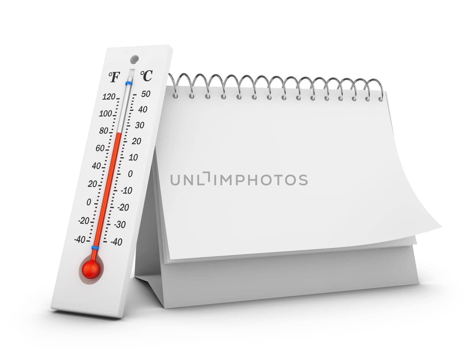 Thermometer and blank desktop calendar on a white background. 3D render.
