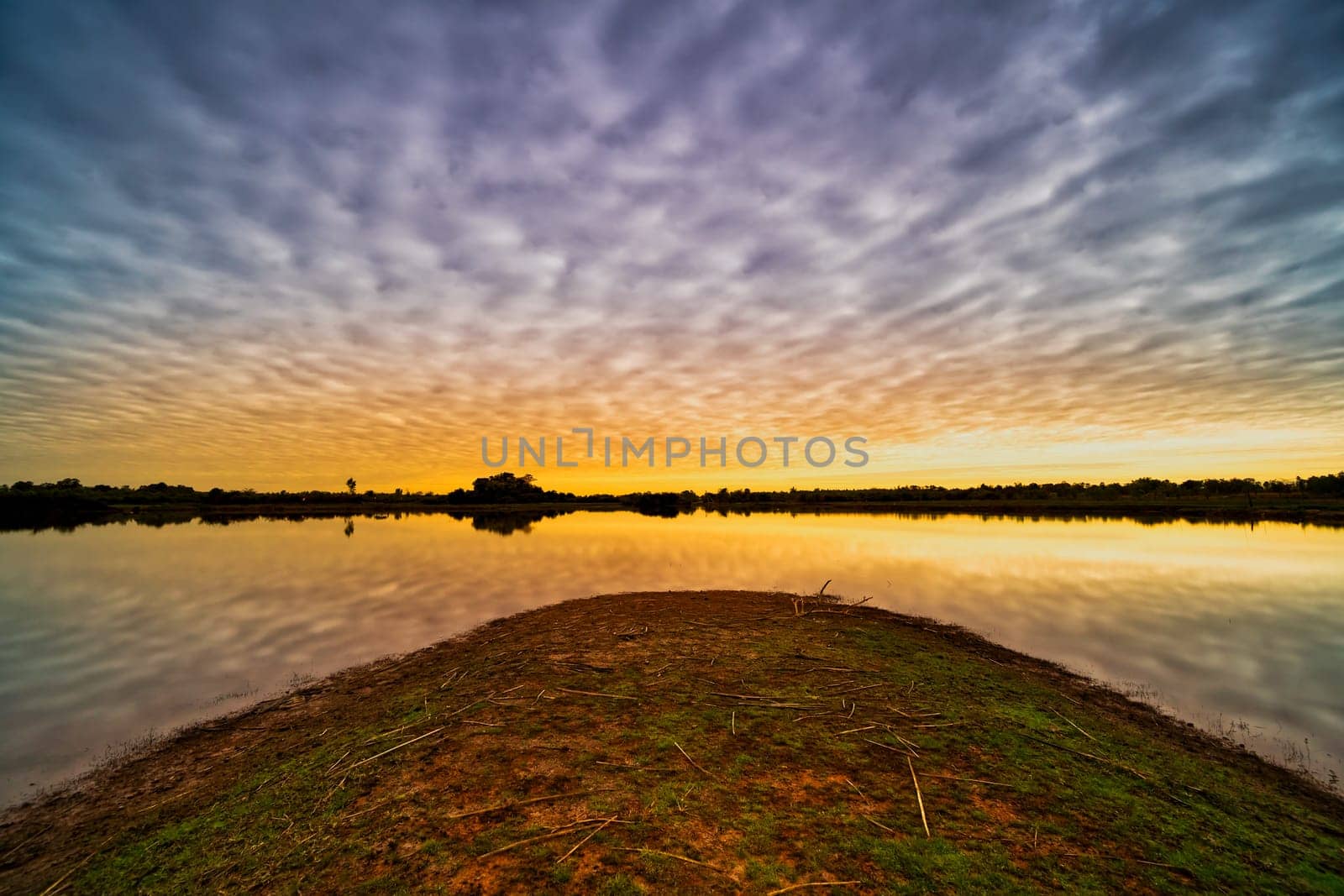 Lake Reflection Morning, tranquil landscape with cumulus clouds