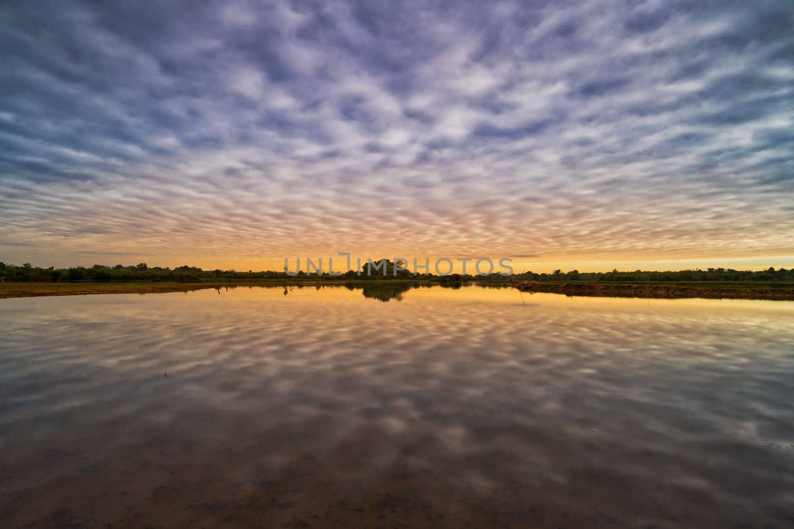 Lake Reflection Morning, tranquil landscape with cumulus clouds