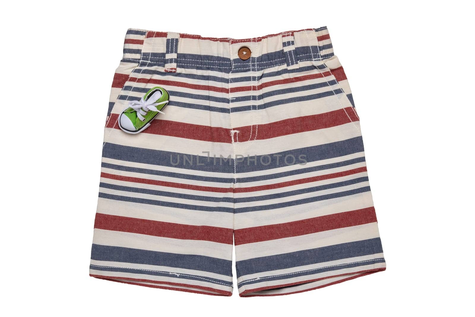 Short pants isolated. A short stylish striped summer jean pants isolated on a white background. Summer fashion for boys.