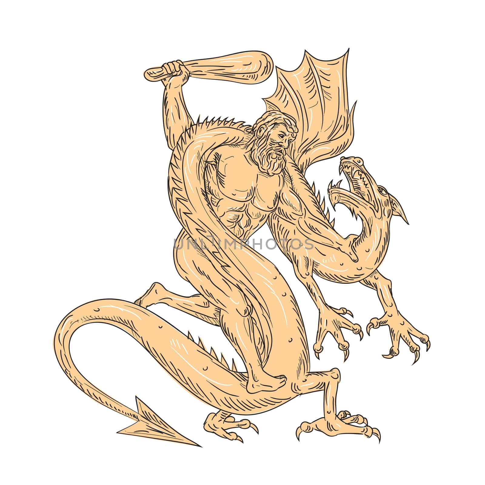Drawing sketch style illustration of Hercules, a Roman hero and god the equivalent of the Greek divine hero Heracles, fighting a medieval dragon on isolated white background.