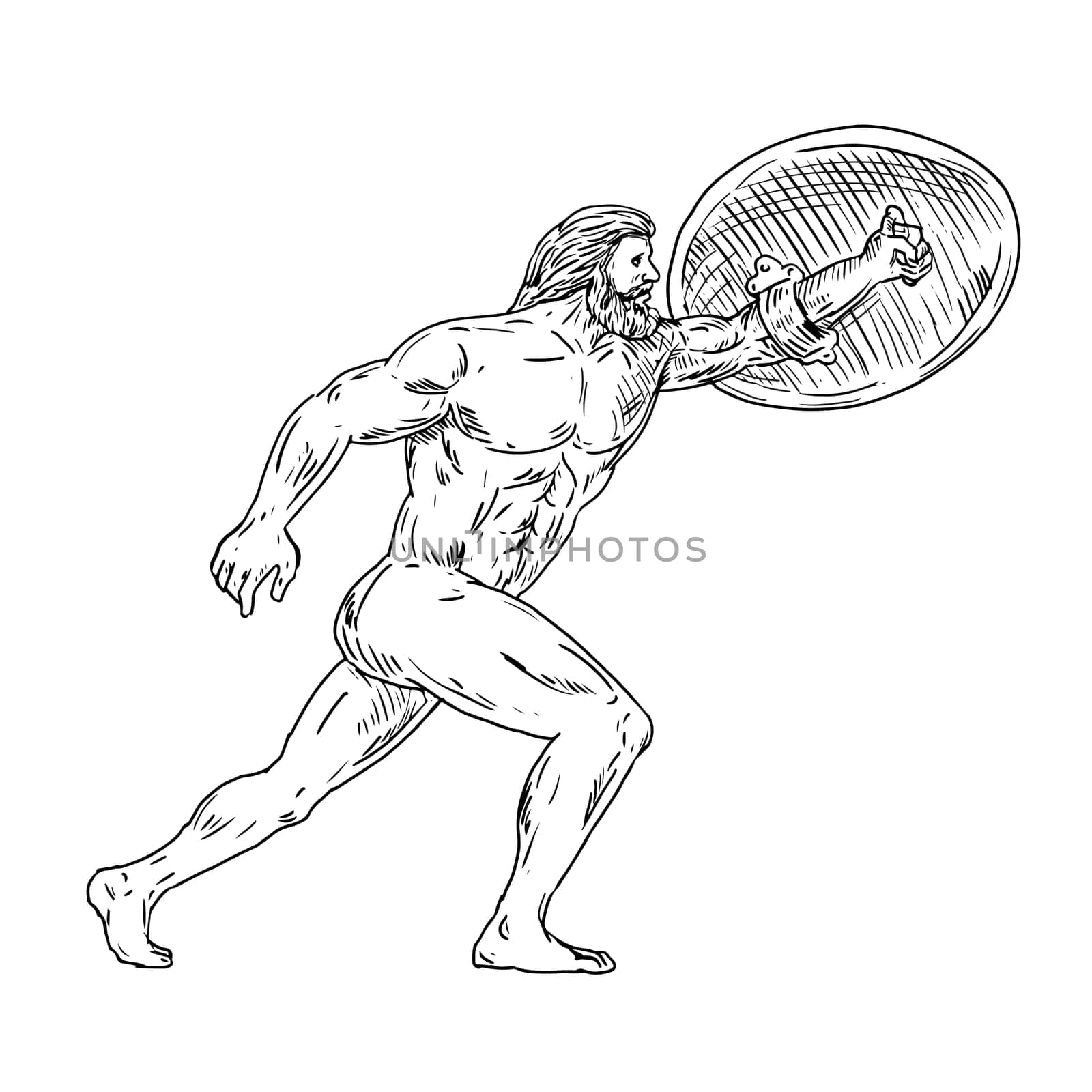 Drawing sketch style illustration of Heracles, a Greek divine hero equivalent to Roman hero and god, Hercules with shield and urginf forward done in black and white.