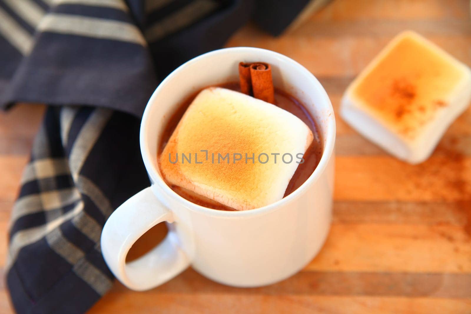 Cup of cocoa with big marshmallow and cinnamon stick