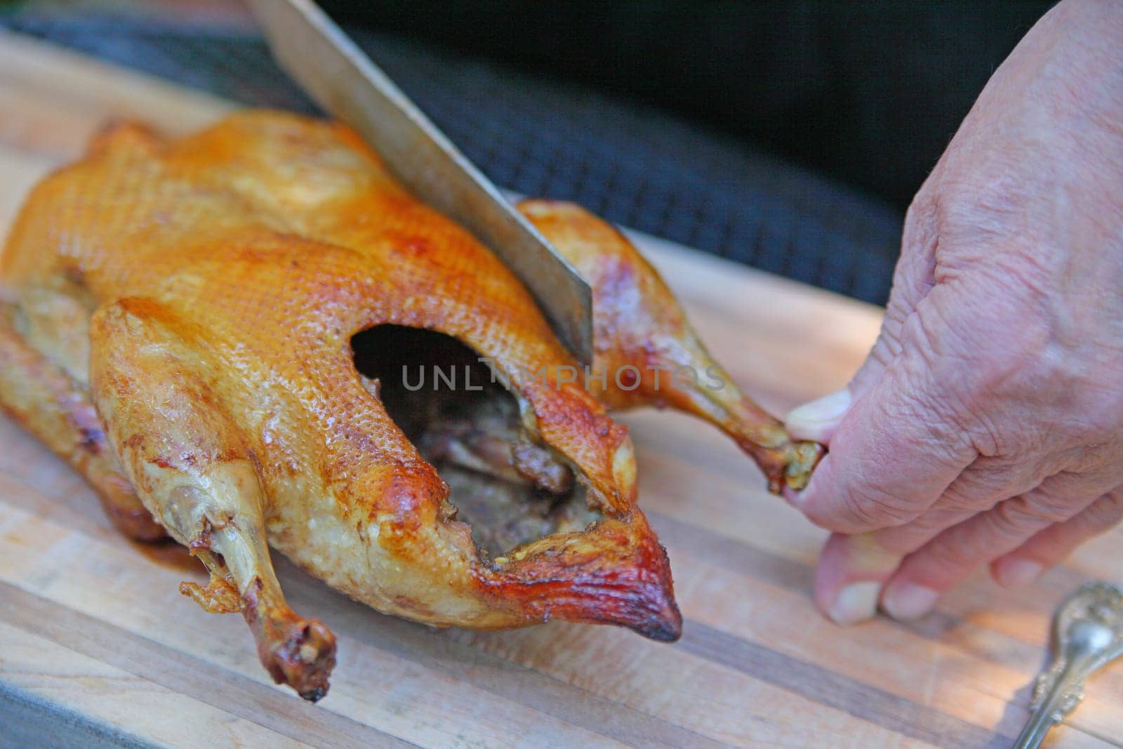 An older man carving a roast duck outdoors
