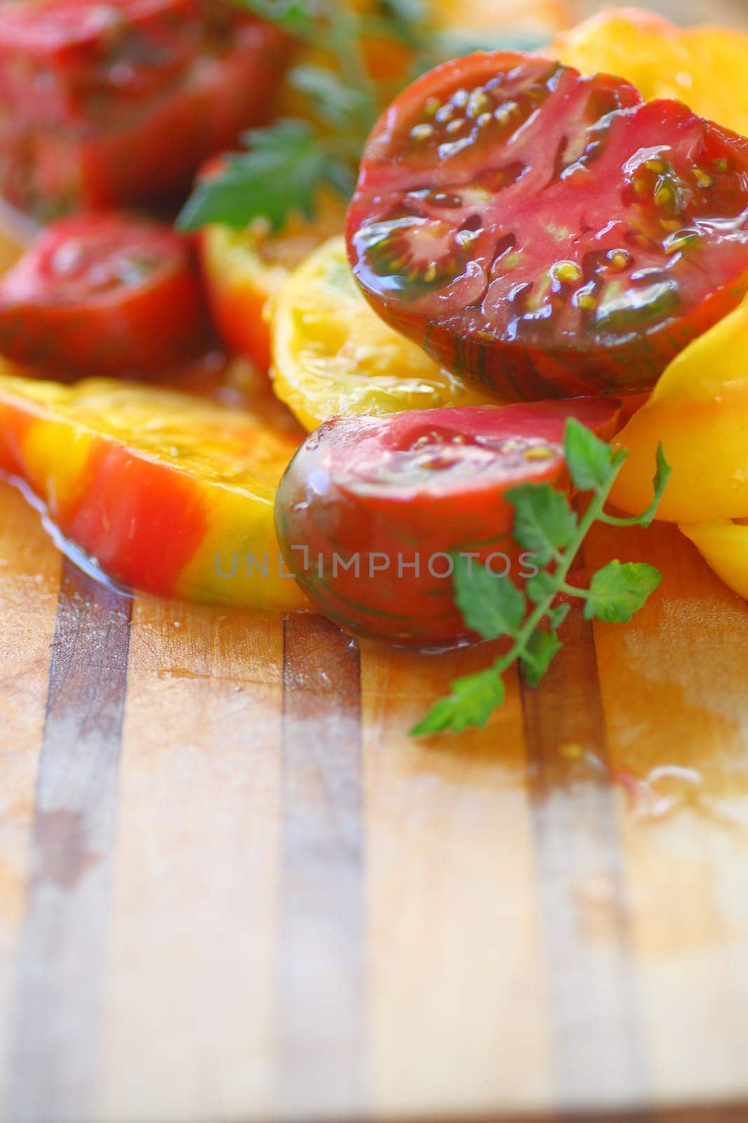 Heirloom tomatoes on a cutting board