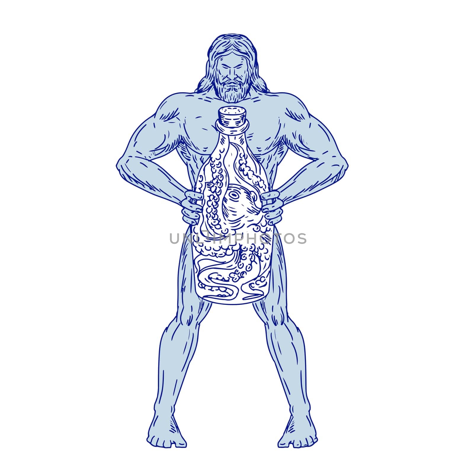 Drawing sketch style illustration of Hercules, a Roman hero and god equivalent to Greek divine hero Heracles, holding a bottle with an octopus inside on isolated white background.