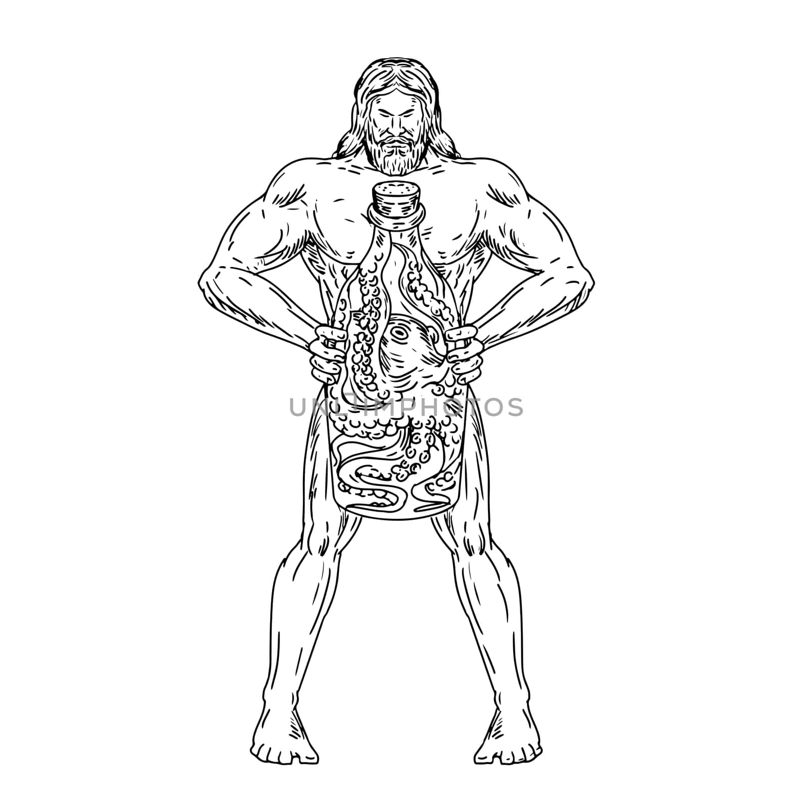 Drawing sketch style illustration of Hercules, a Roman hero and god equivalent to Greek divine hero Heracles, holding a bottle with an octopus inside on isolated white background in black and white.