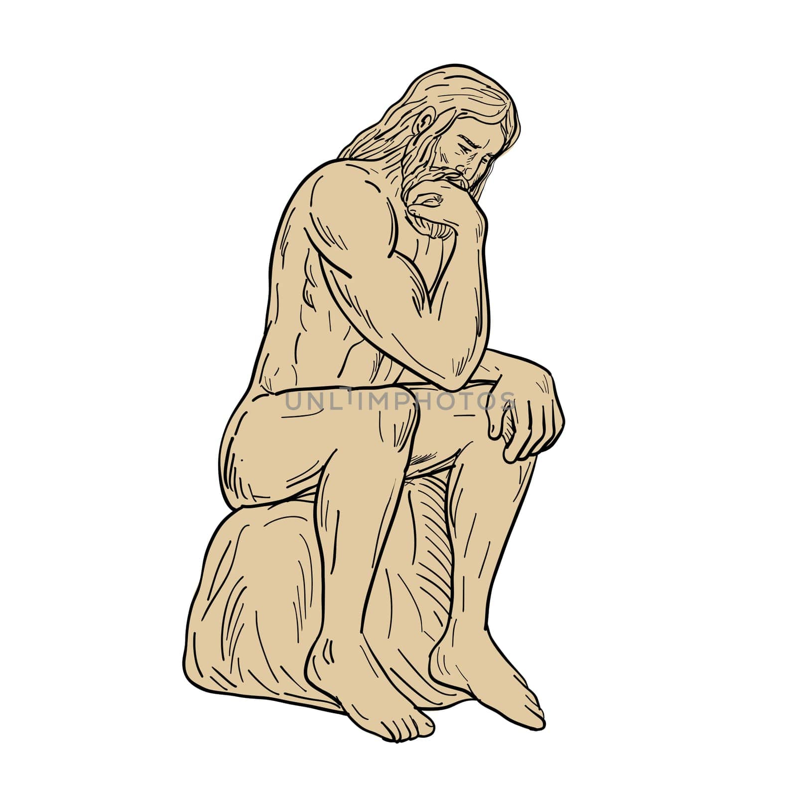 Drawing sketch style illustration of a man or thinker with full beard sitting down thinking on isolated white background.