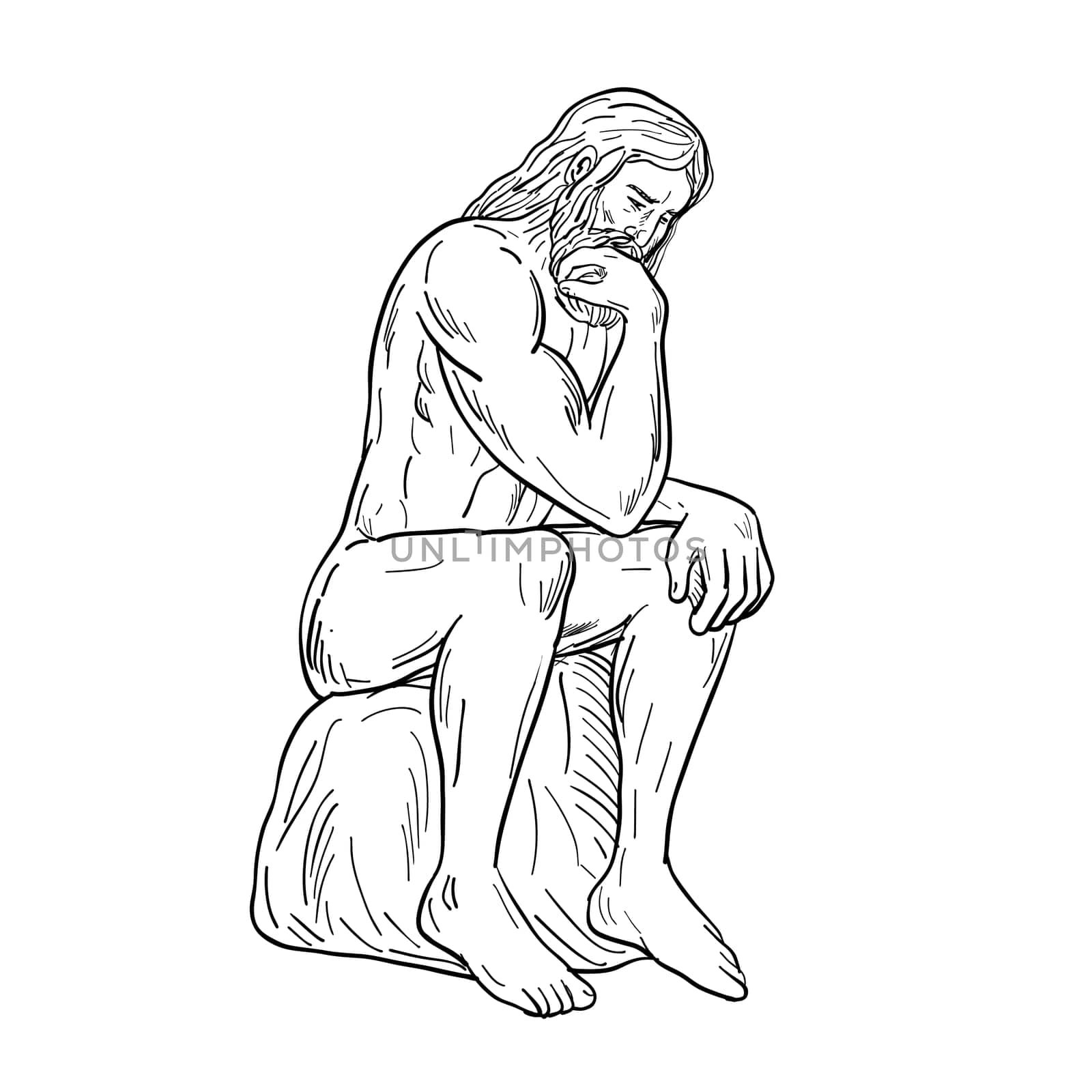 Drawing sketch style illustration of a man or thinker with full beard sitting down thinking on isolated white background done in black and white.