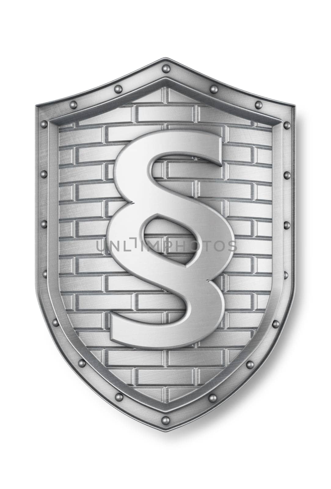 Metallic shield with paragraph sign. 3d render