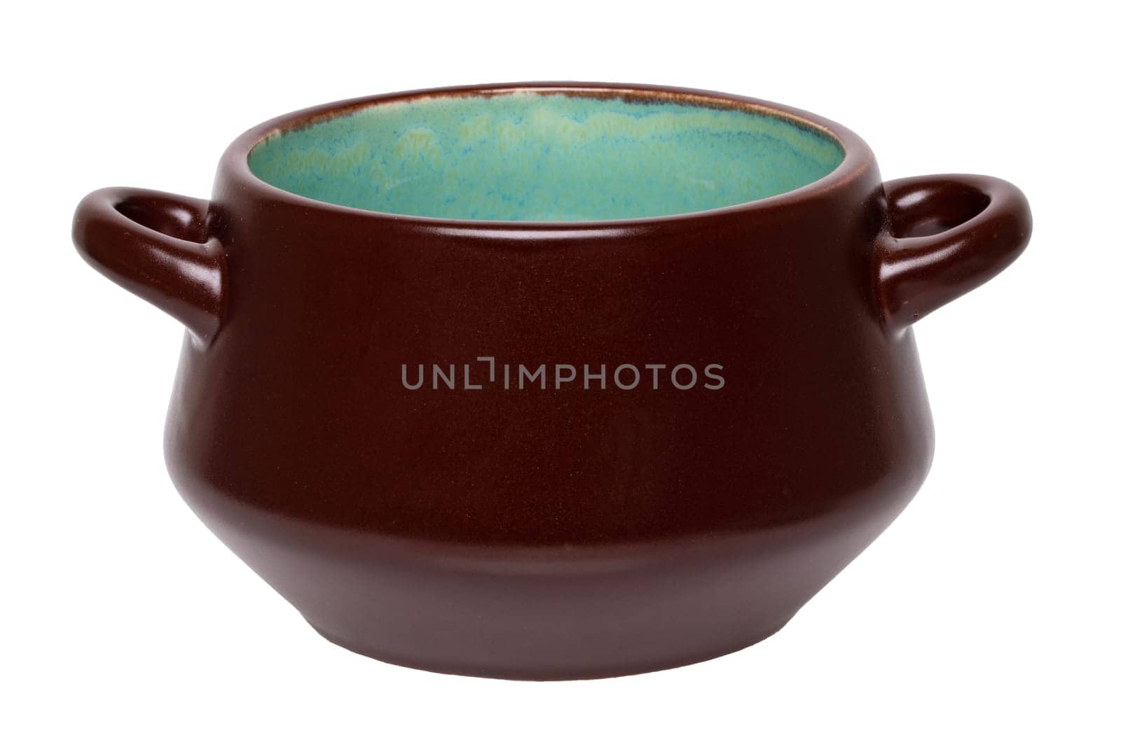 Empty soup cup isolated. Close-up of a empty brown ceramic soup cup isolated on a white background. Template for your display product montage. Macro.