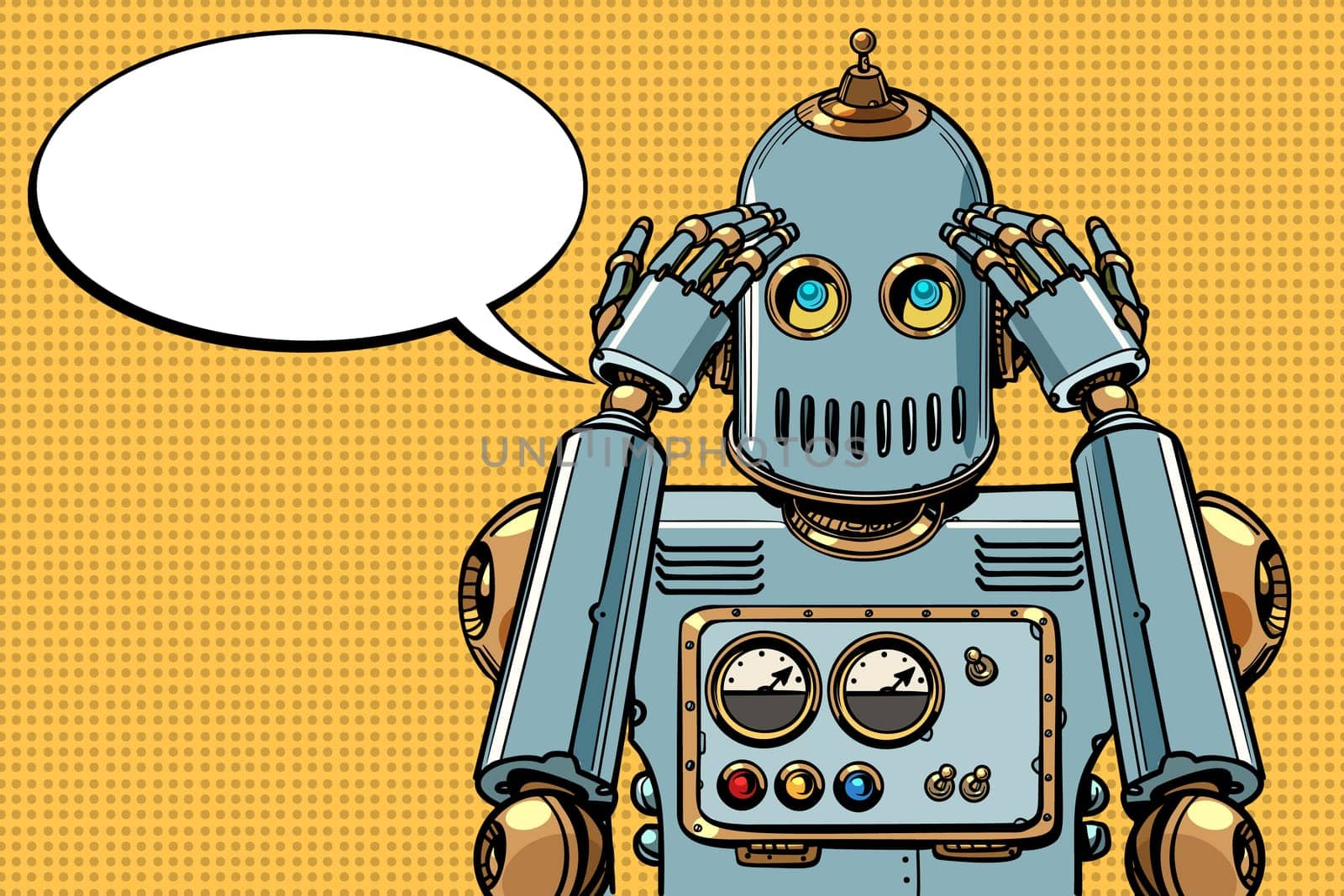 the robot thinks, thinker. Pop art retro vector illustration vintage kitsch