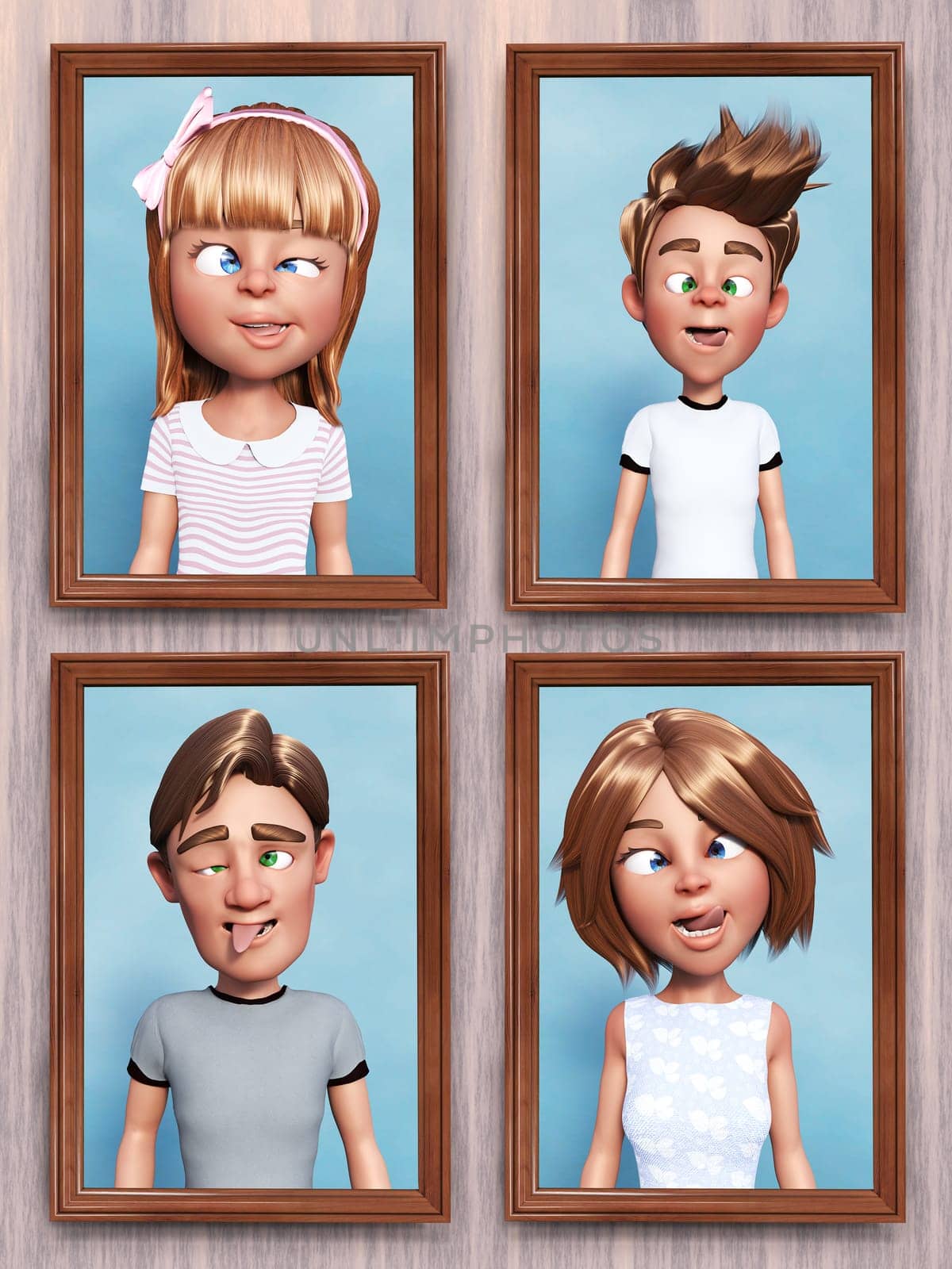 3D rendering of four framed cartoon family portraits that is hanging on the wall. Everyone in the family is doing a silly face.