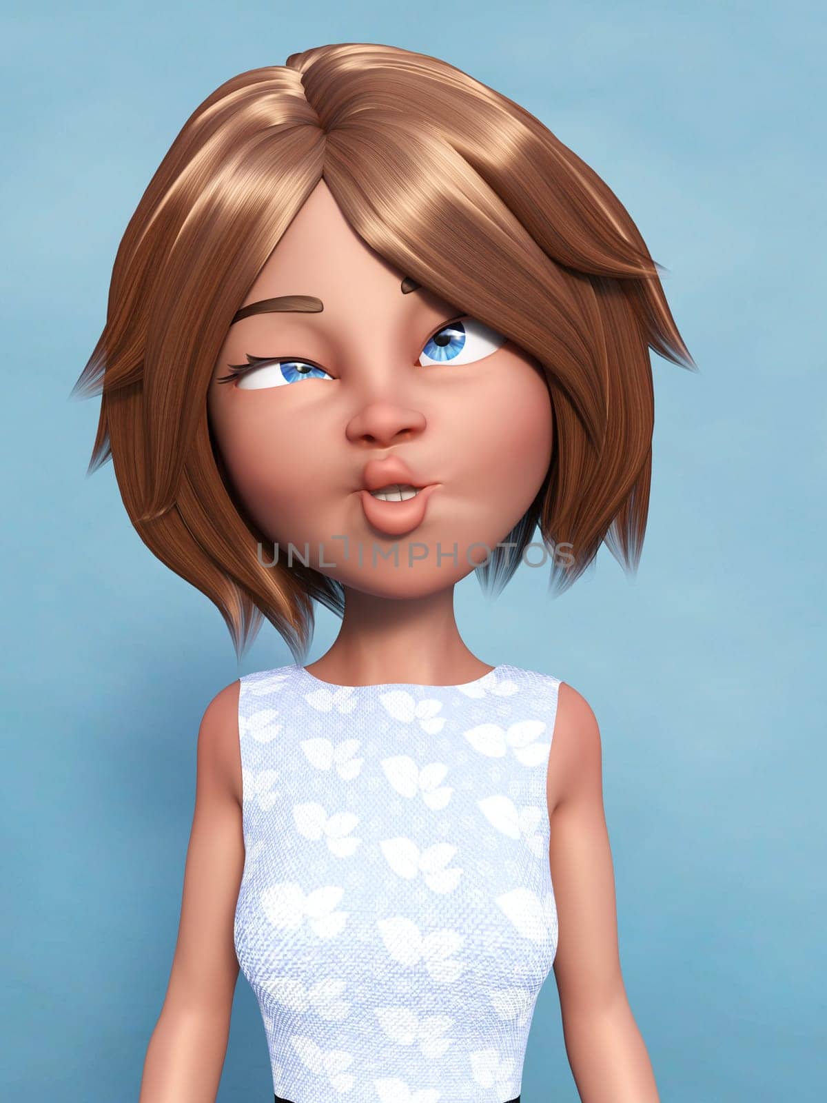3D rendering of a cartoon mom or woman doing a silly face and grimacing. Blue background.