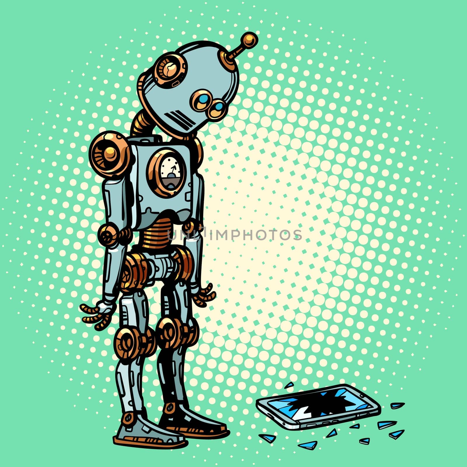 Robot and broken phone screen. Pop art retro vector illustration vintage kitsch