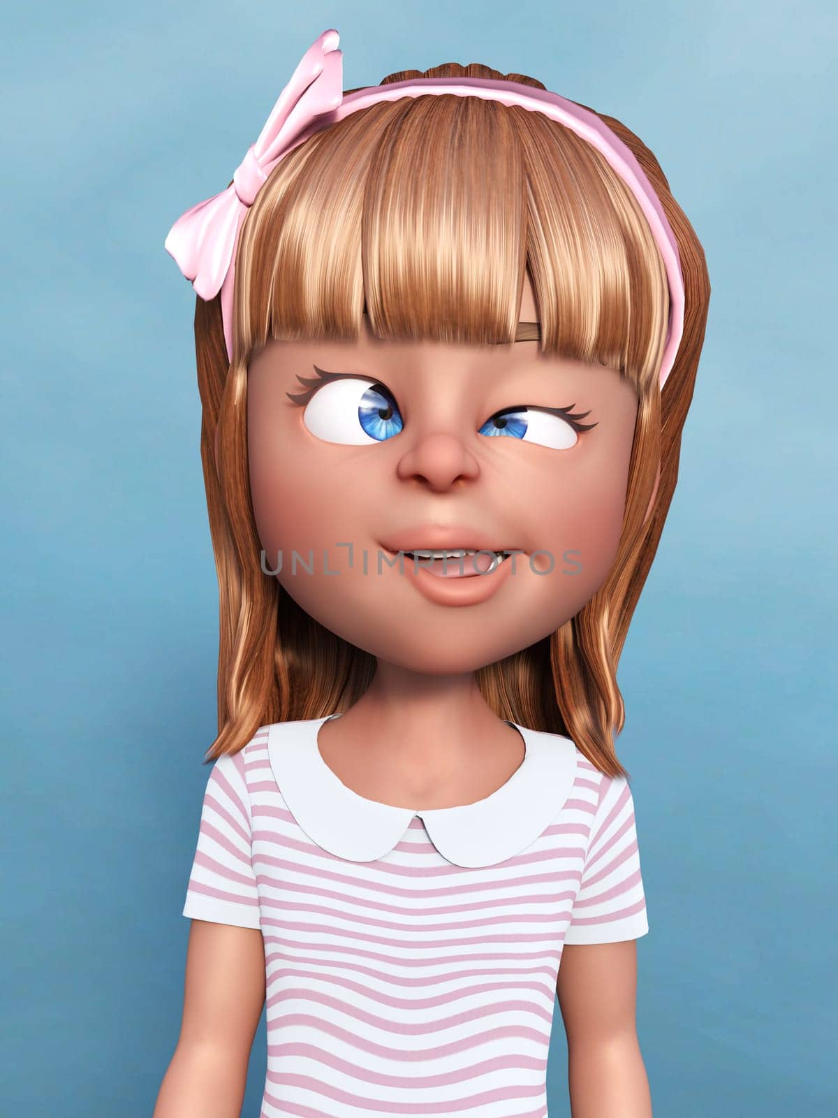 3D rendering of a cartoon girl doing a silly face, sticking her toungue out and crossing her eyes. Blue background.