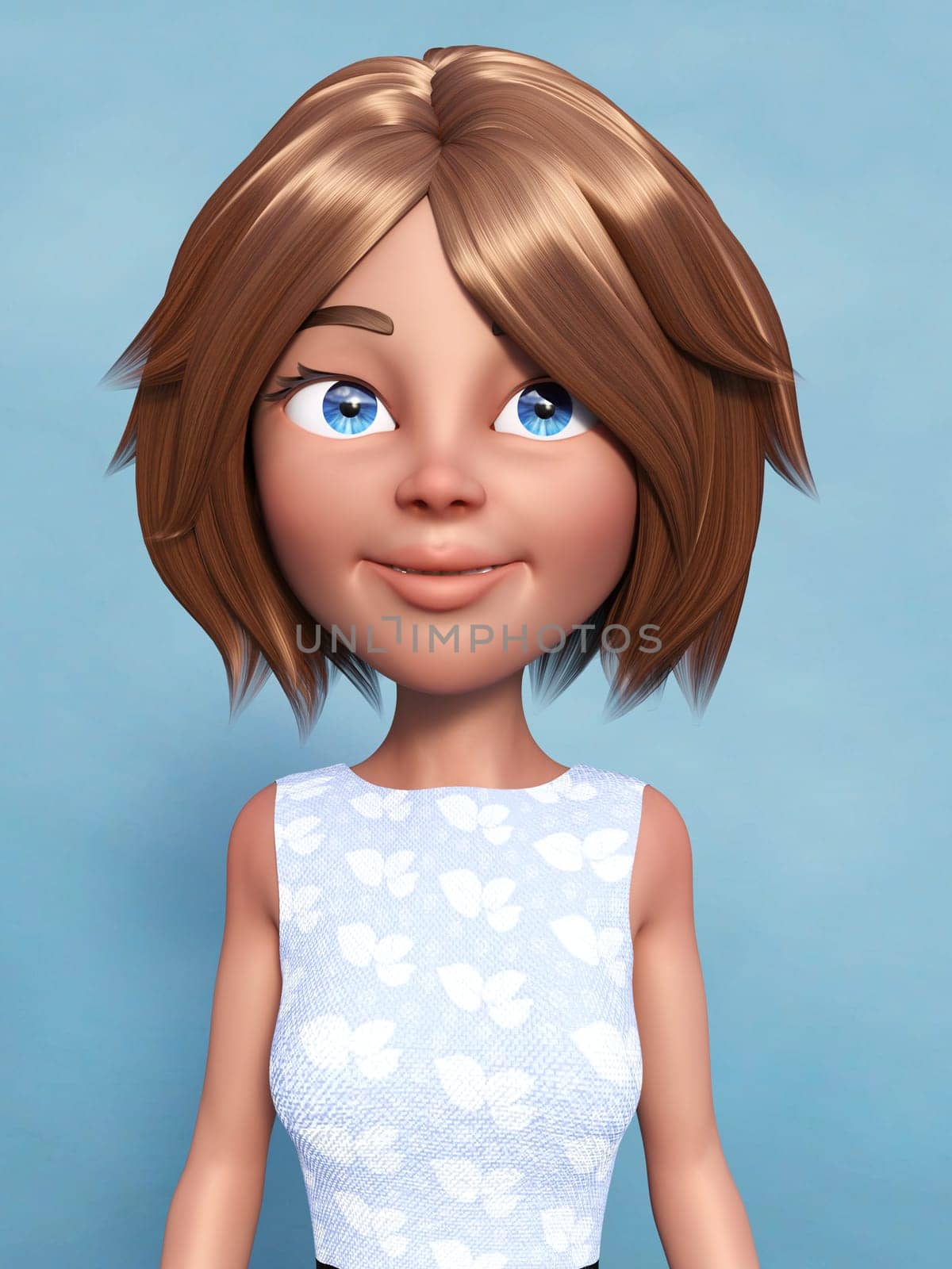 3D rendering of a cartoon woman portrait. Blue background.
