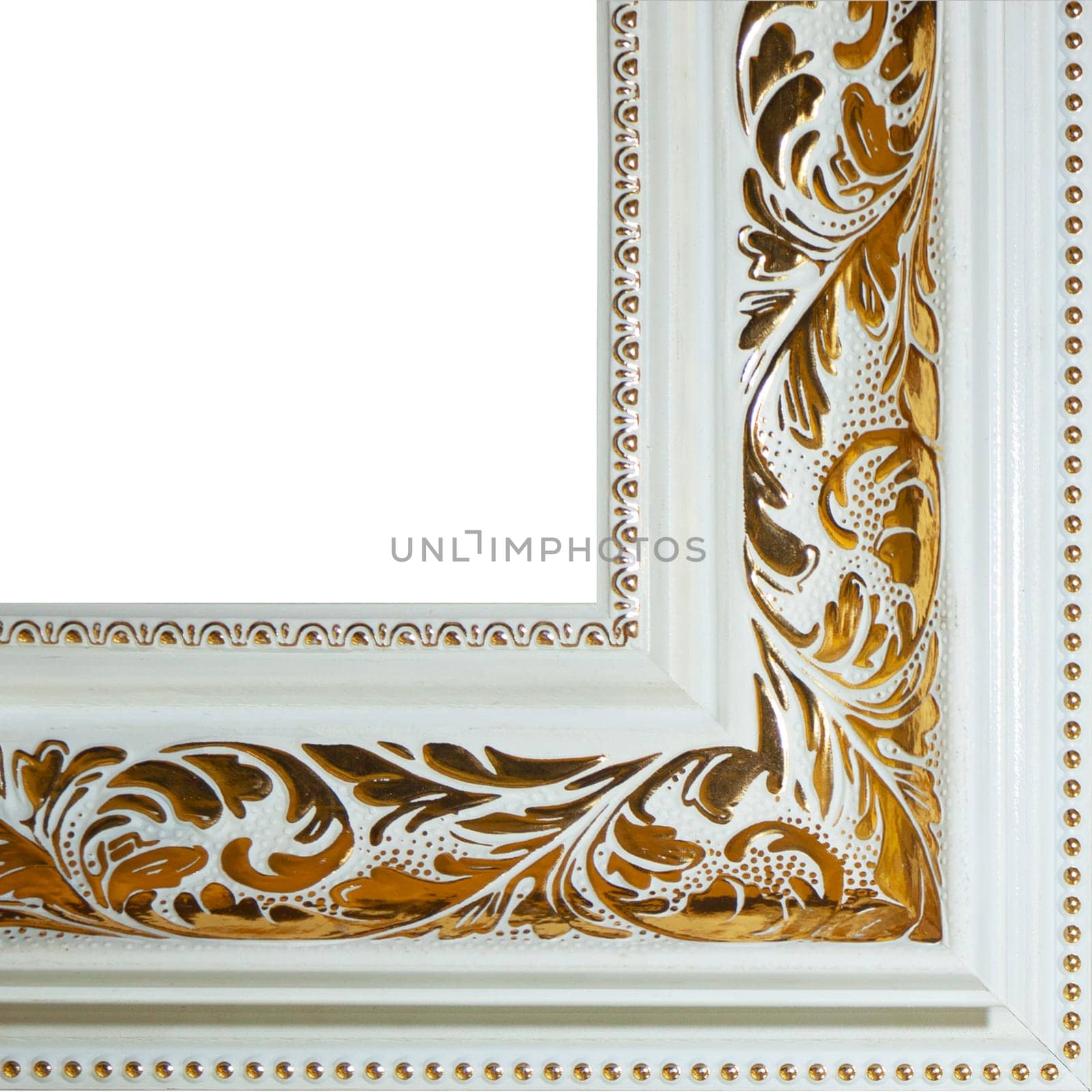Picture frame, ancient. Fragment angle, close - up isolated on white background.