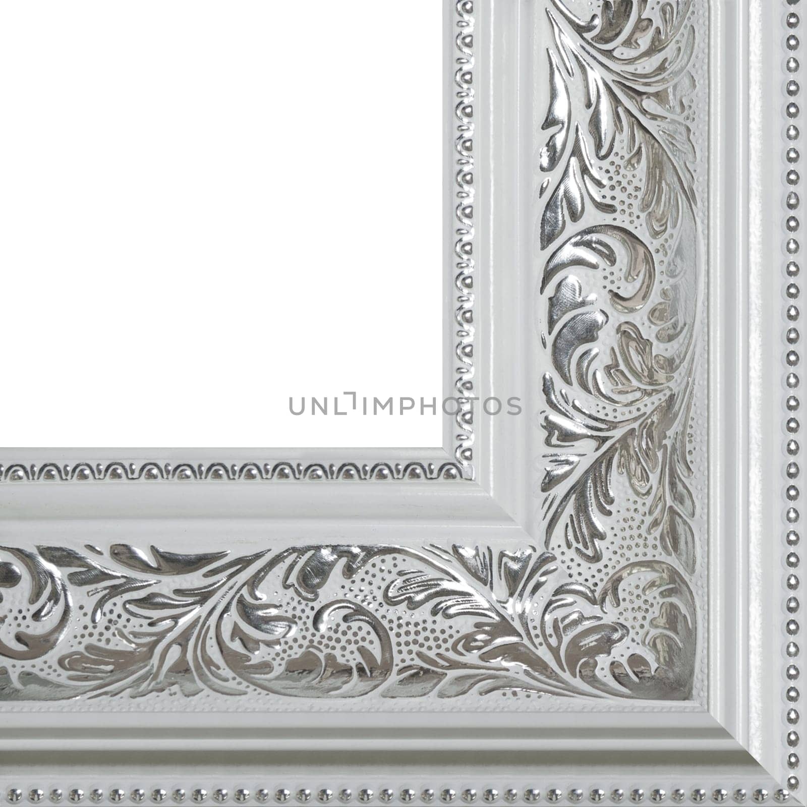 Picture frame, ancient. Fragment angle, close - up isolated on white background.