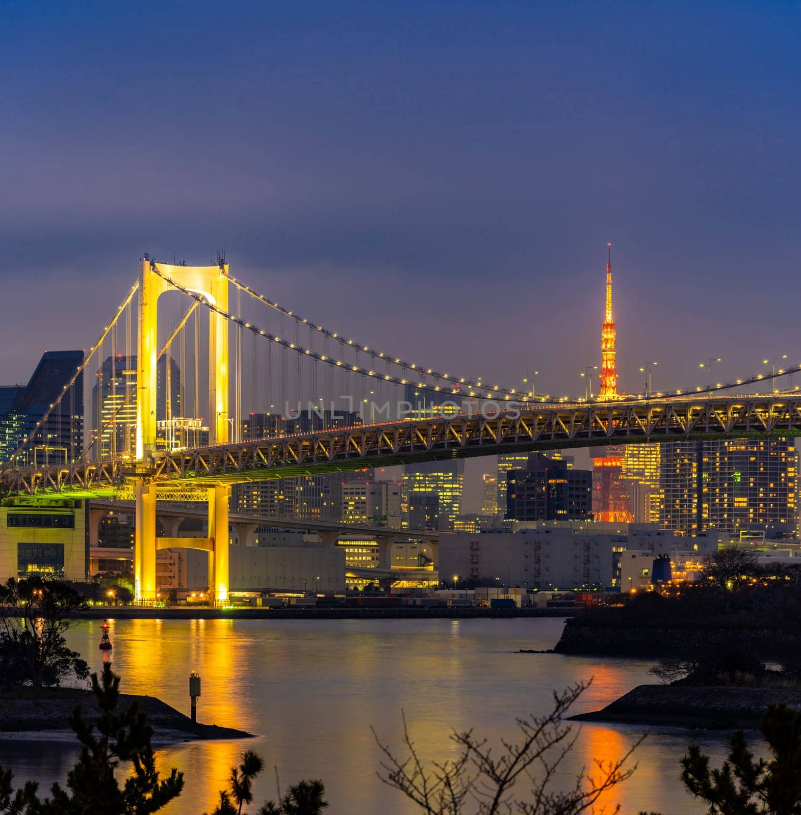 Tokyo Sunset with Tokyo tower and Rainbow bridge with Tokyo cityscape in background from Odaiba Japan.