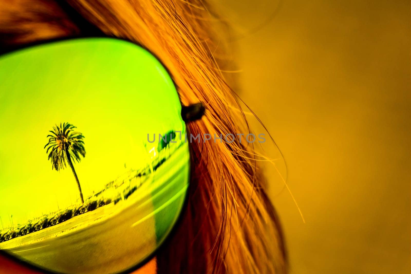 Exciting mirror imaging at sunglasses on head. Beautiful symbol of tourism vacation trip travelling to holiday dream island. Copypace.