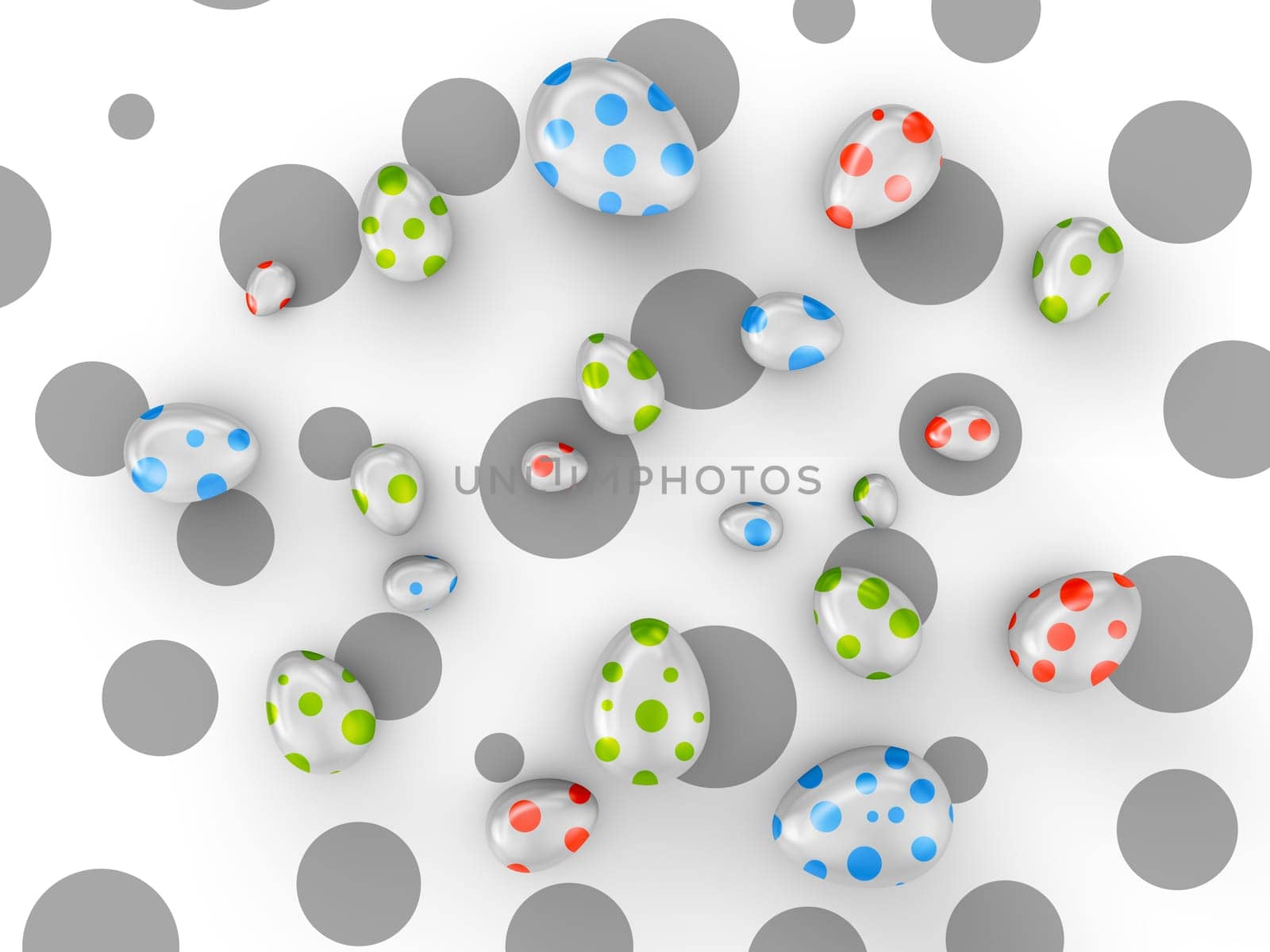 Eggs with colored dots on a background of black circles. 3d render