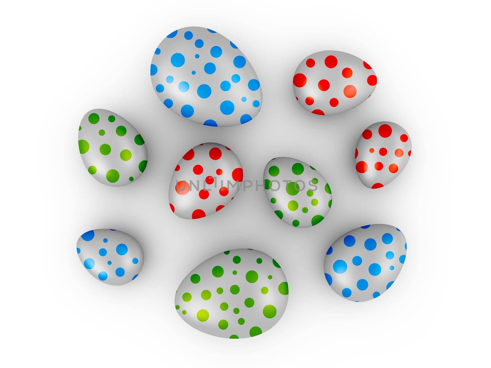 Eggs with colored dots on a white background. 3d render