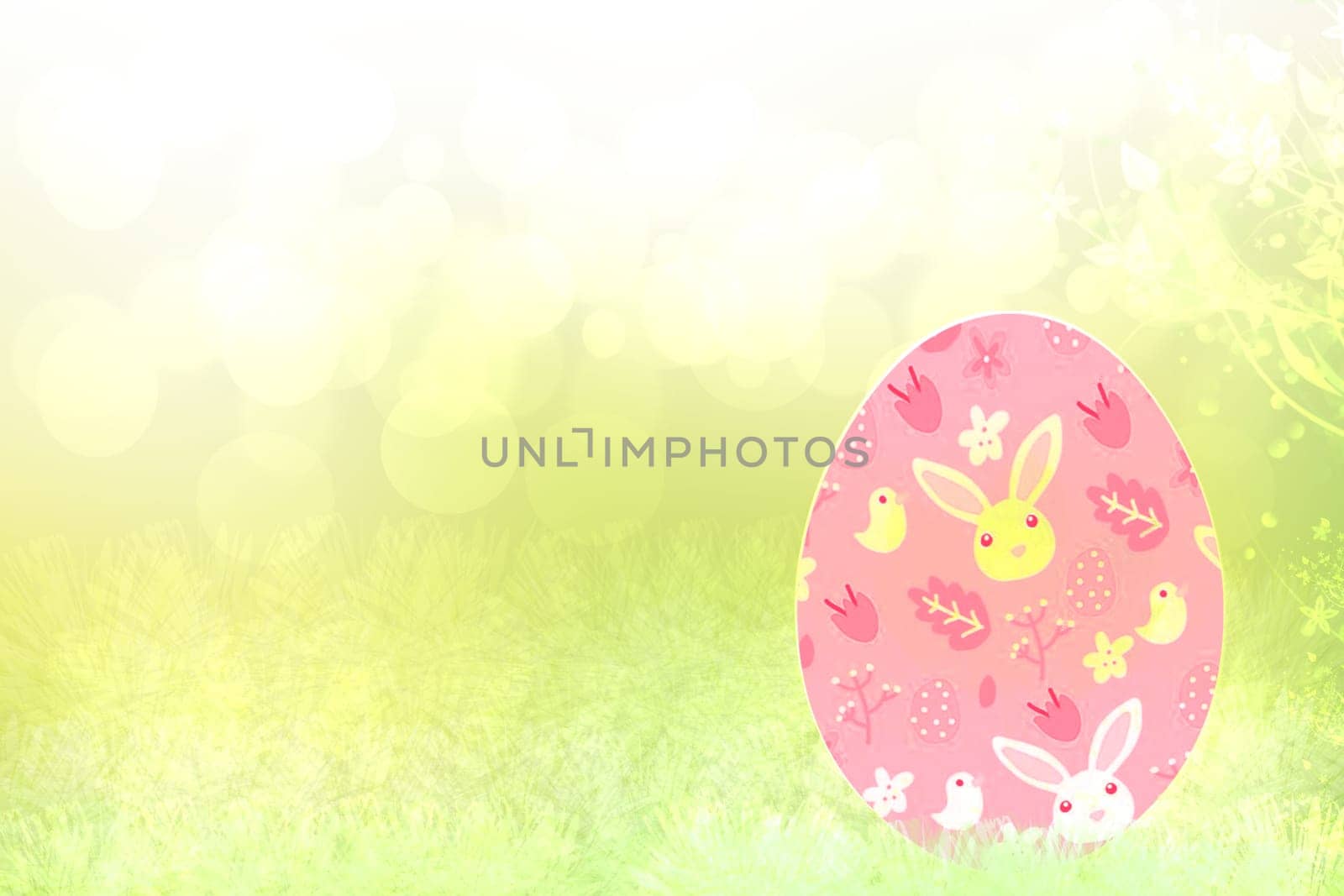 Happy easter background. Abstract green meadow with spring flowers and one colorful easter egg and a bright white spring backdrop. Space for your design. Beautiful texture.
