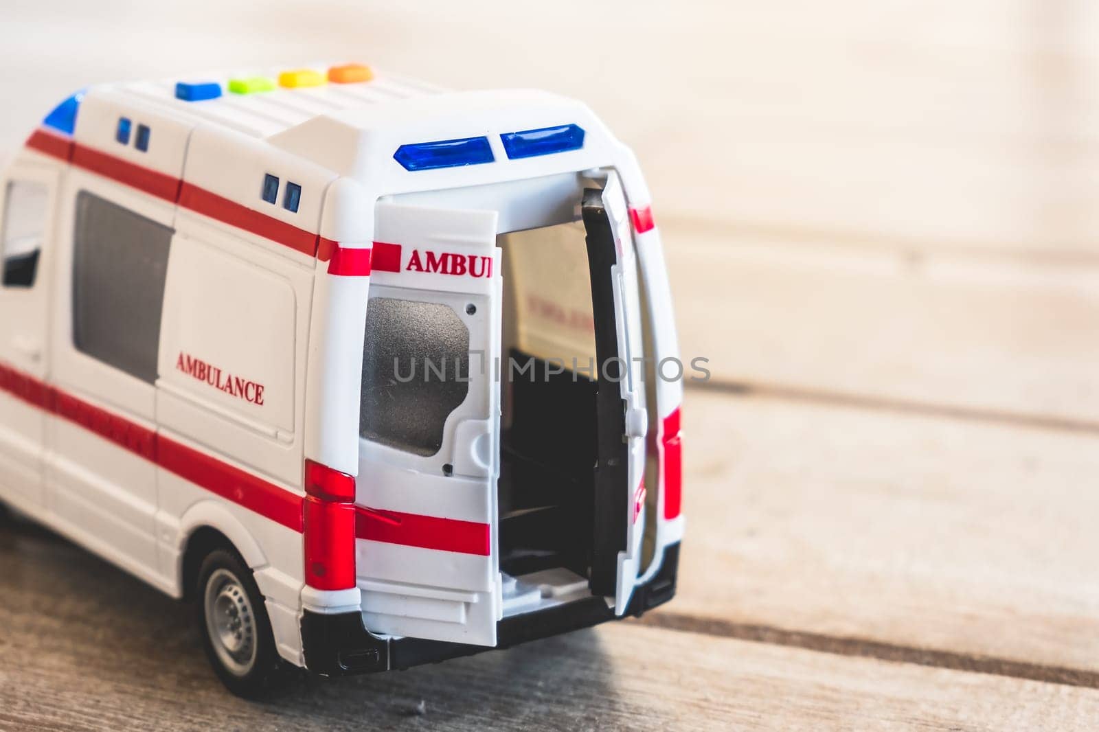 ambulance doors background health care toy close up .