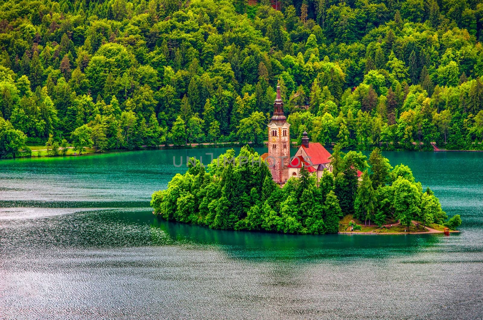 Bled lake church island aerial background - Slovenia .