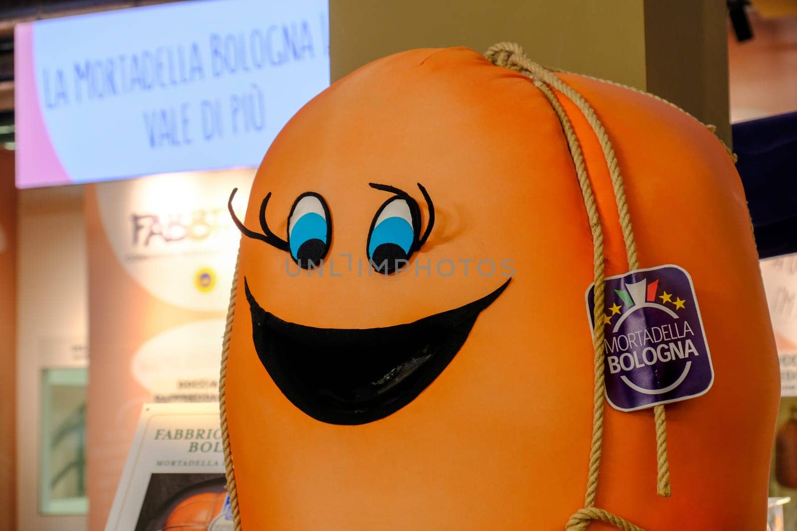 The traditional Mortadella Bologna sausage factory mascot character at Fico Eataly World in Bologna, Italy, 5 Feb 2019