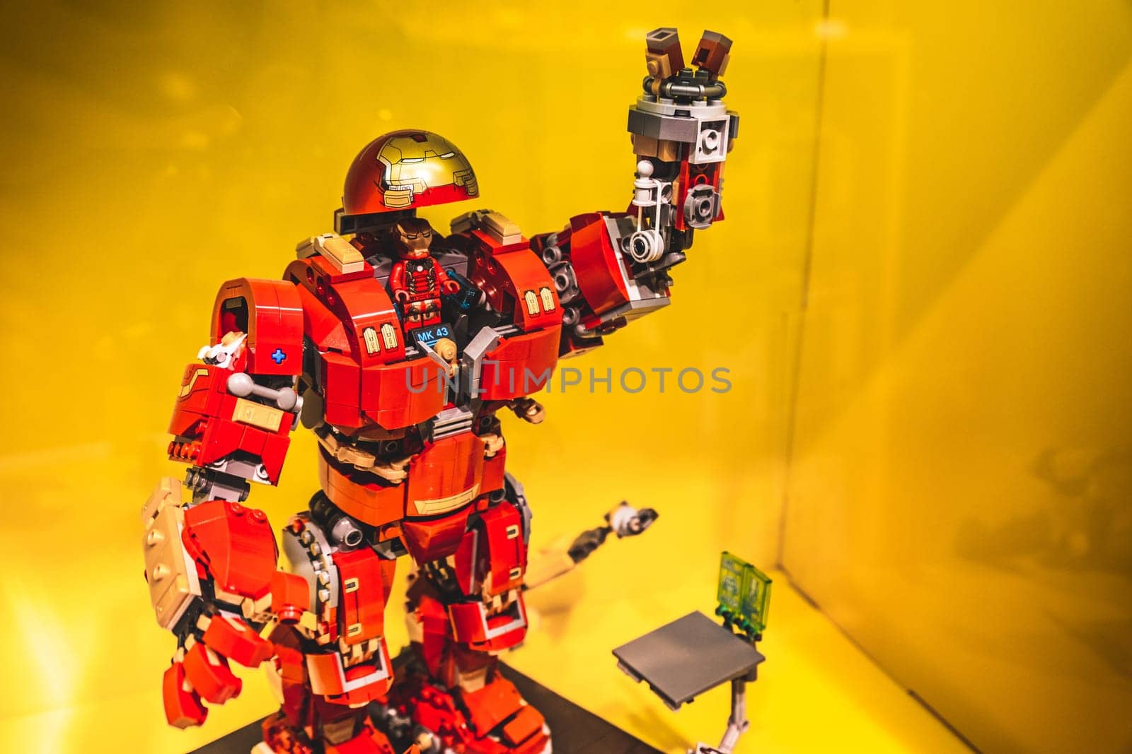an Iron Man action figure model made by Lego bricks inside the Lego Store of Bologna, Italy, 16 Feb 2019