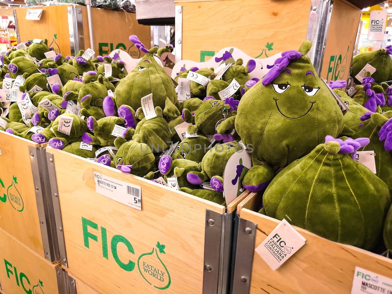 many figs stuffed toys the mascot of Fico Eataly world in Bologna, Italy, 13 Gen 2019