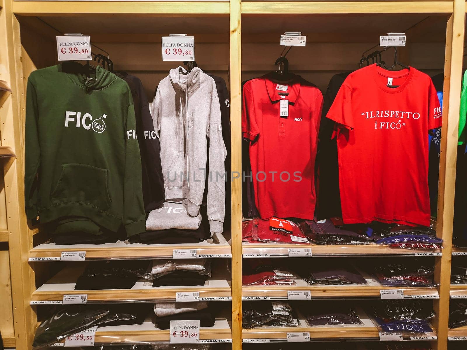 t-shirts hoodies and various merchandise of Fico Eataly World in Bologna, Italy, 13 Gen 2019