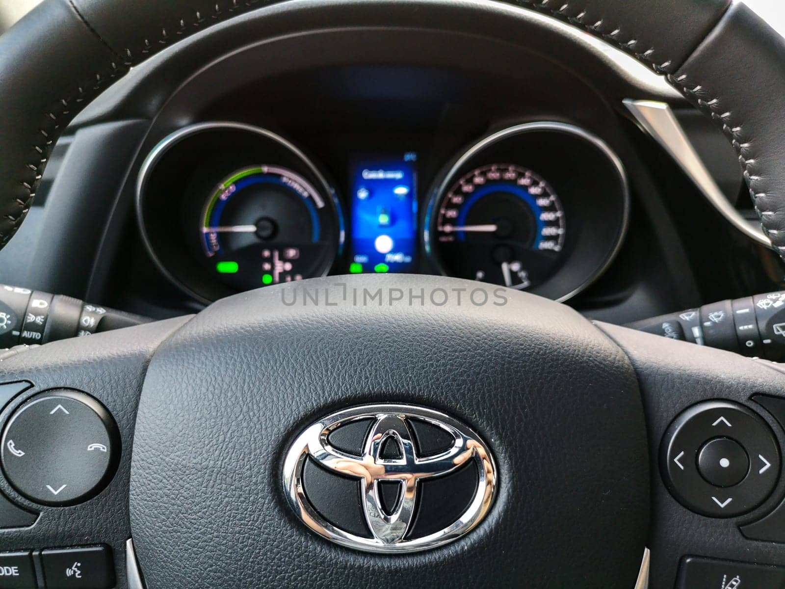 Bologna, italy, 17 Sep 2018 -  a Toyota Auris steering wheel controls and car dashboard